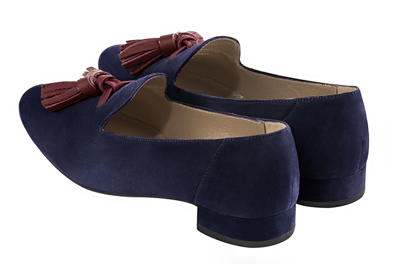 Navy blue and burgundy red women's loafers with pompons. Round toe. Flat block heels. Rear view - Florence KOOIJMAN